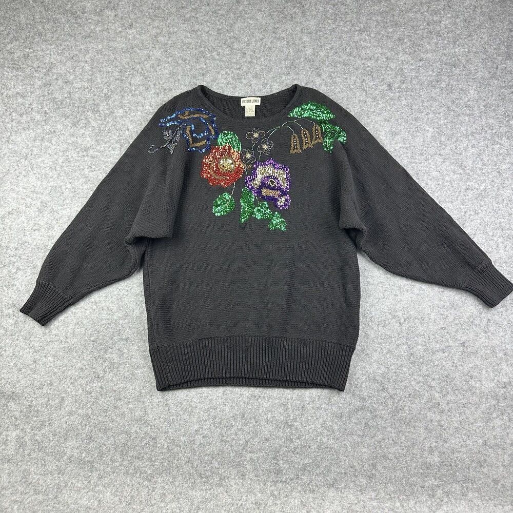 Victoria Jones Floral Sequin Sweater Womens Vintage L Cottagecore Boho Dolman